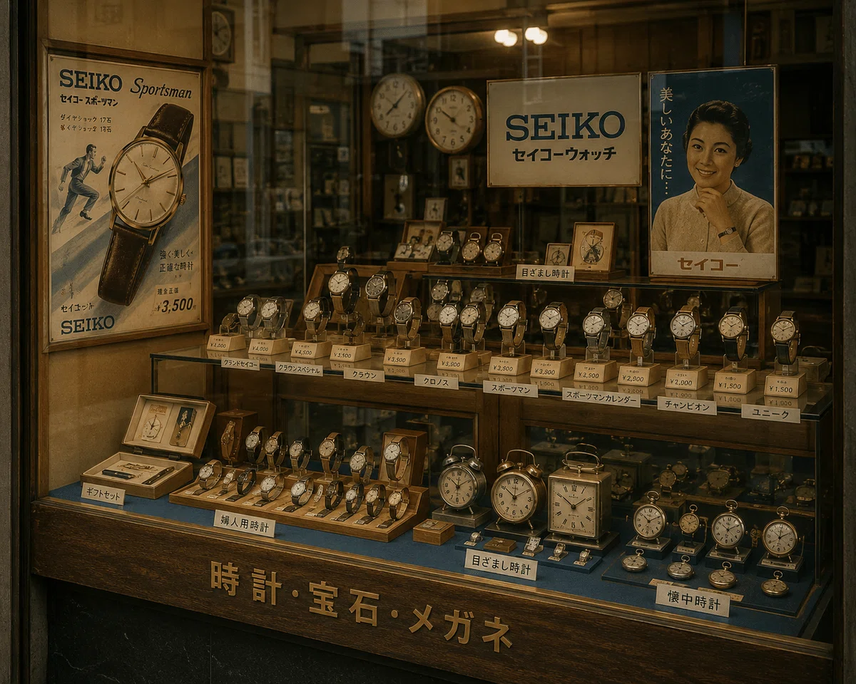 1960年頃の時計宝飾店のイメージ（Aiによる生成）
