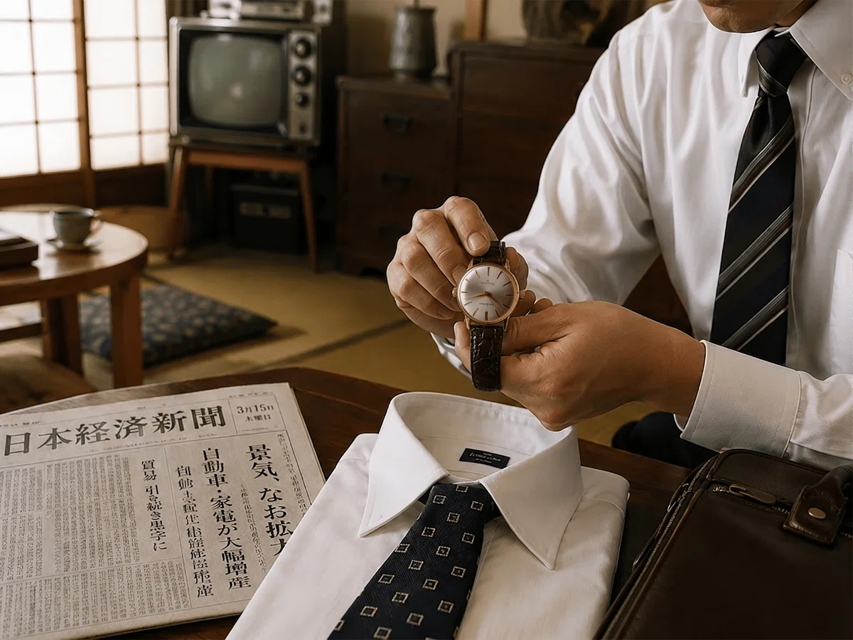 SEIKO Sportsman Diashock 17（腕時計 セイコー スポーツマン）を手にする昭和のサラリーマンの朝