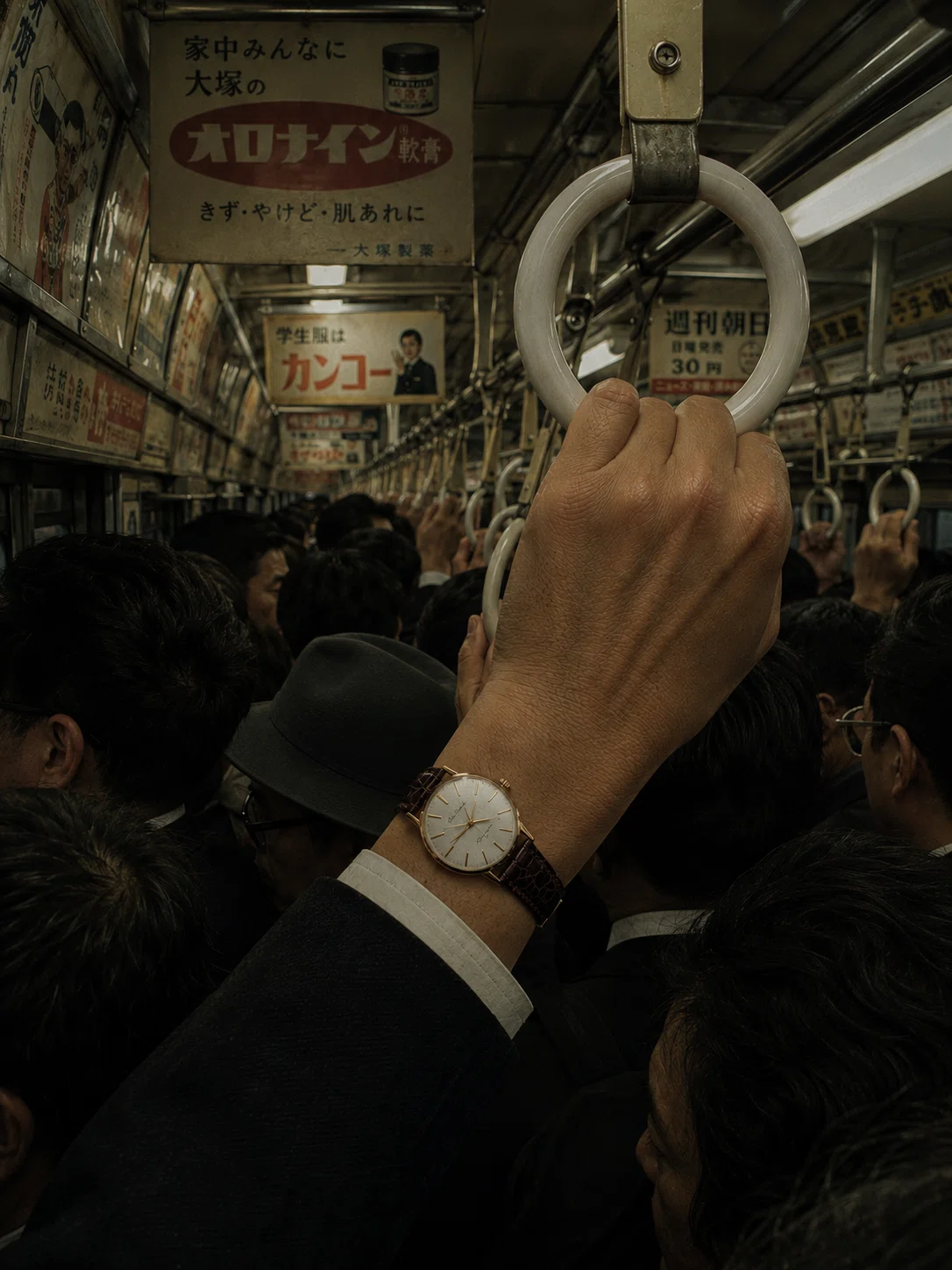 SEIKO Sportsman Diashock 17（腕時計 セイコー スポーツマン）が袖口から除く昭和の満員電車