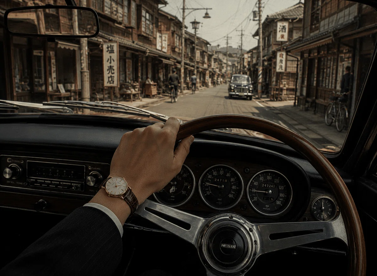 SEIKO Sportsman Diashock 17（腕時計 セイコー スポーツマン）を手に巻いて車を運転する昭和の風景