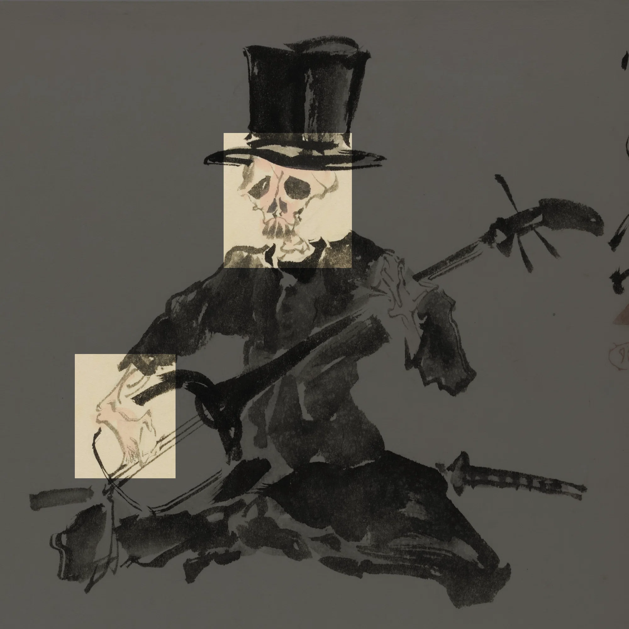 河鍋暁斎の世界」展出品作⑤ 暁斎《三味線を弾く洋装の骸骨と踊る妖怪