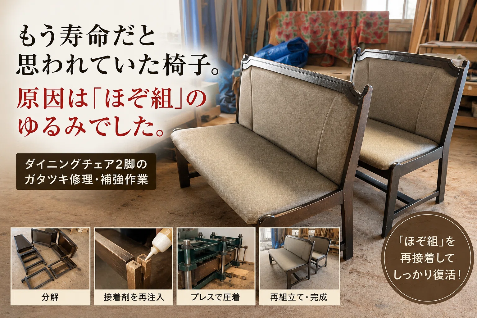 もう寿命だと思われていた椅子。原因は「ほぞ組」のゆるみでした