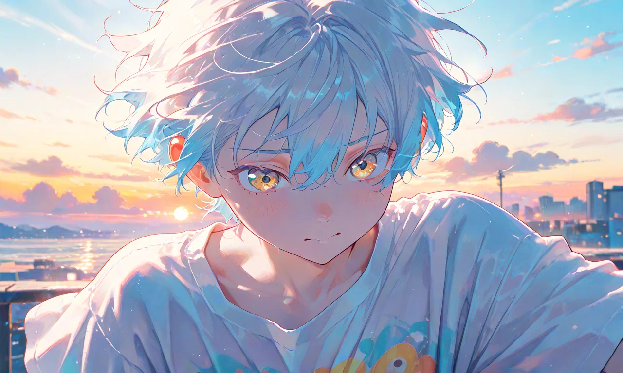 AIイラスト｜海と夕焼けと少年｜きいろ｜AIで日常を楽しく