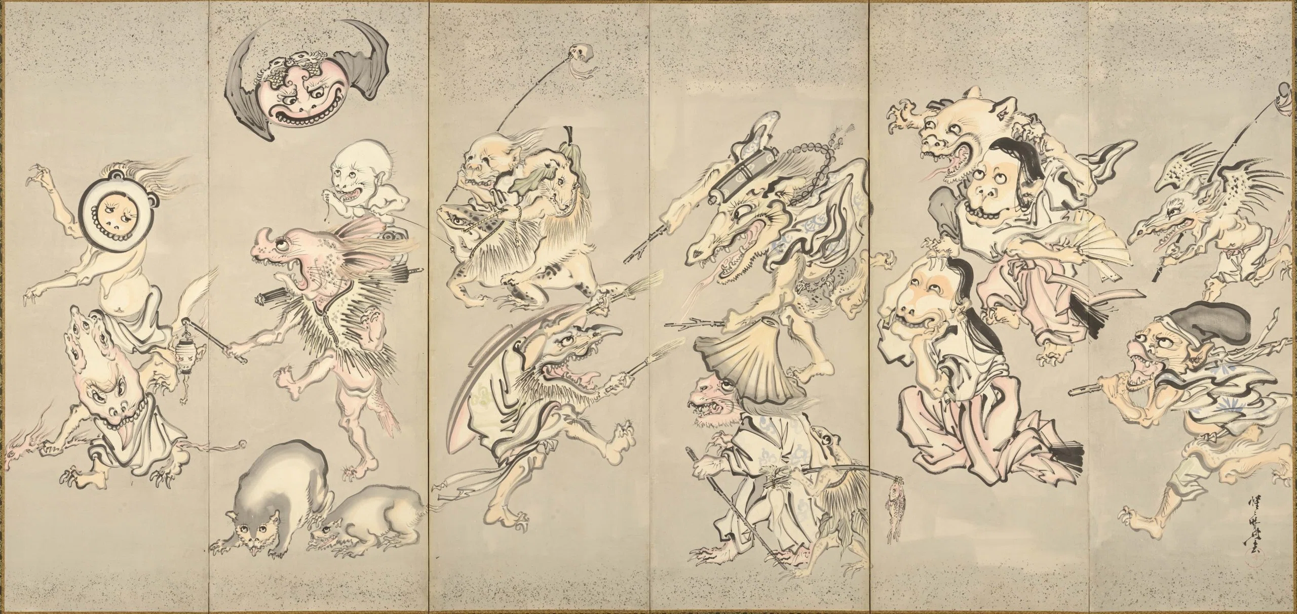 河鍋暁斎の世界」展出品作⑥暁斎《百鬼夜行図屏風》明治4-22年（1871