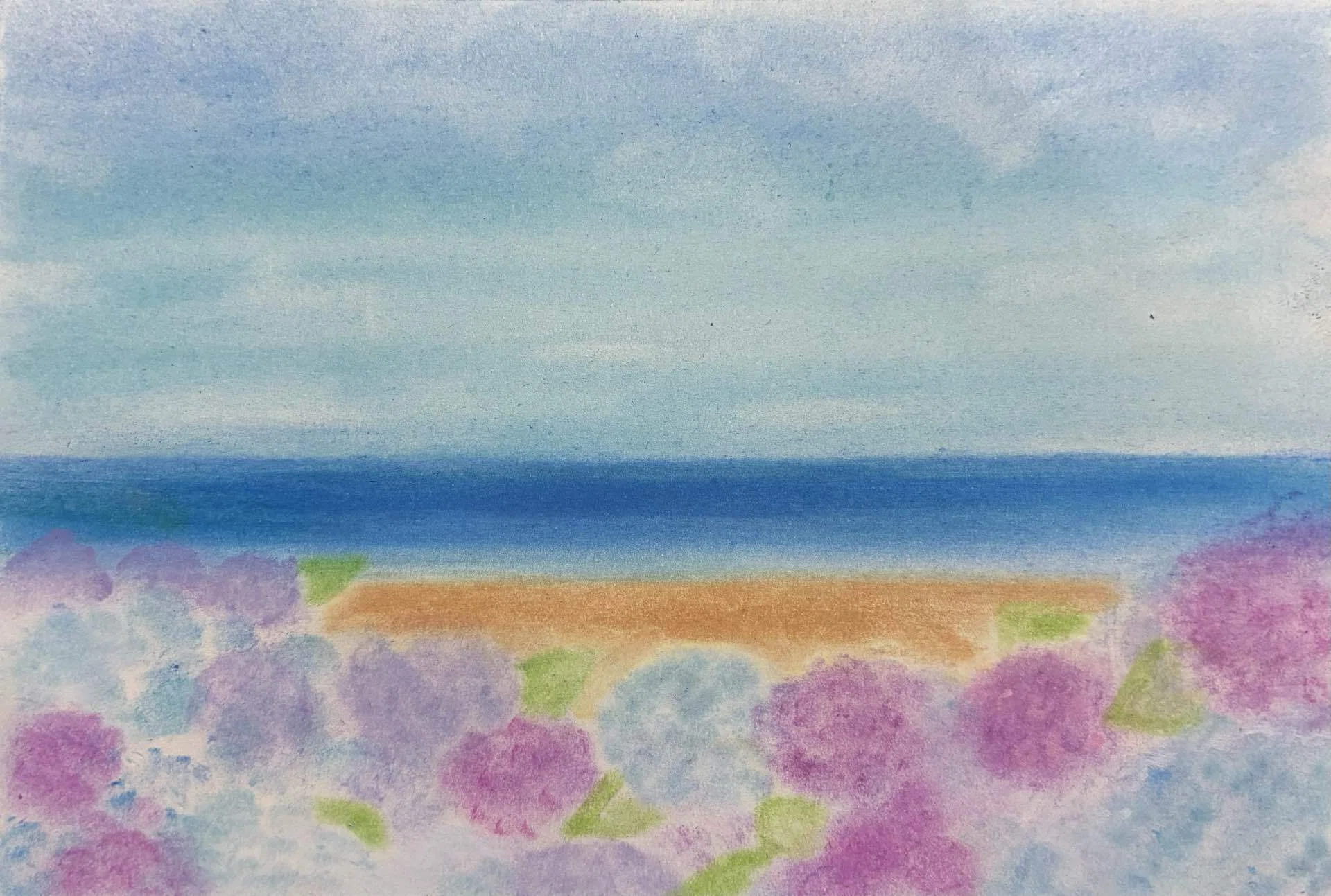 紫陽花が咲く海辺のパステル画です。｜まる