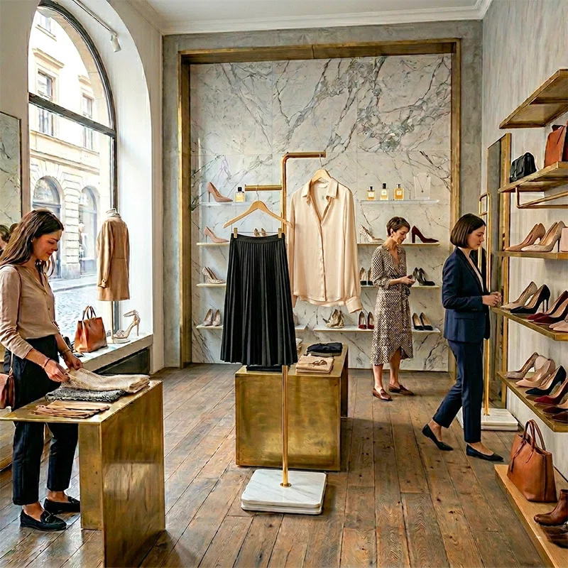 女性服店のフロア展示に使える金属製ポールハンガー｜誉PRINTING