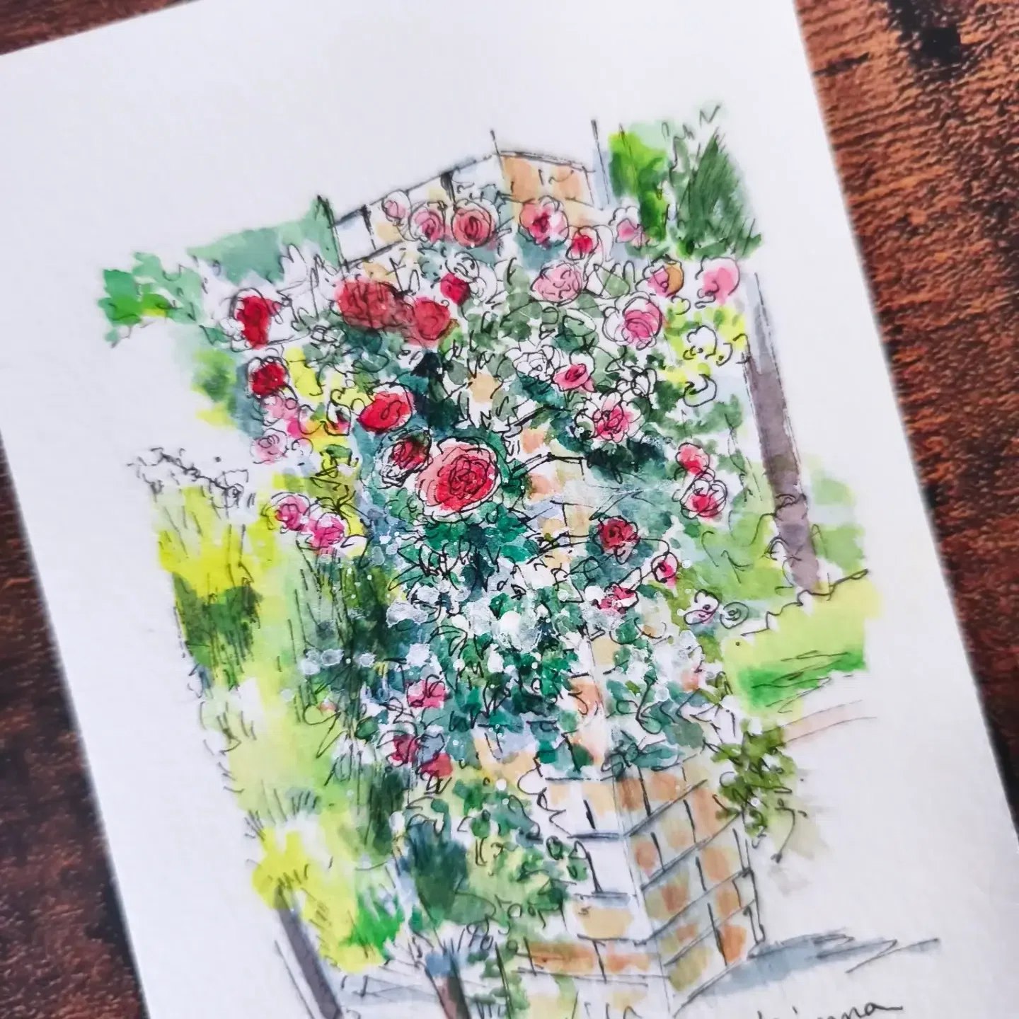 レンガがおしゃれ！バラ園で見つけた素敵な風景を透明水彩で描きました