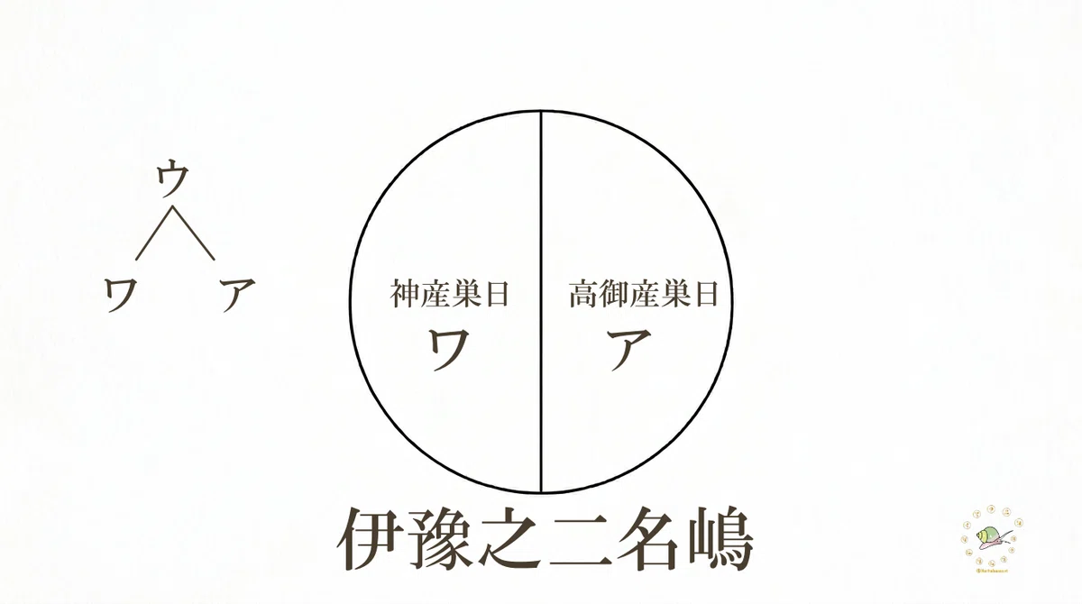 中央の縦線によって左右に二分割された正円で表された伊豫之二名嶋の言霊数理図。円の右半分に「高御産巣日」と「ア」、左半分に「神産巣日」と「ワ」、円の下部に「伊豫之二名嶋」の文字が配置されている。円の左側には「ウ」から「ワ」「ア」へ分岐する樹形図が描かれている。