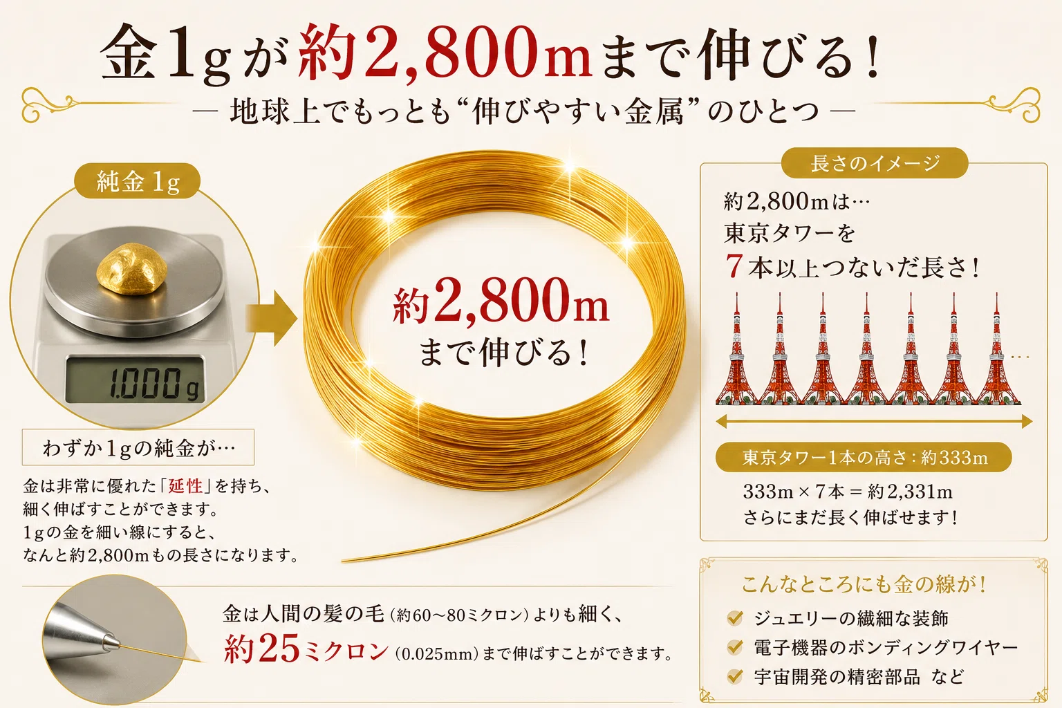 純金ボンディングワイヤー10m 新品 都市鉱山 ジュエリーバイブル㉓金はどこまで細く伸ばせるの？驚きの「延性」とは