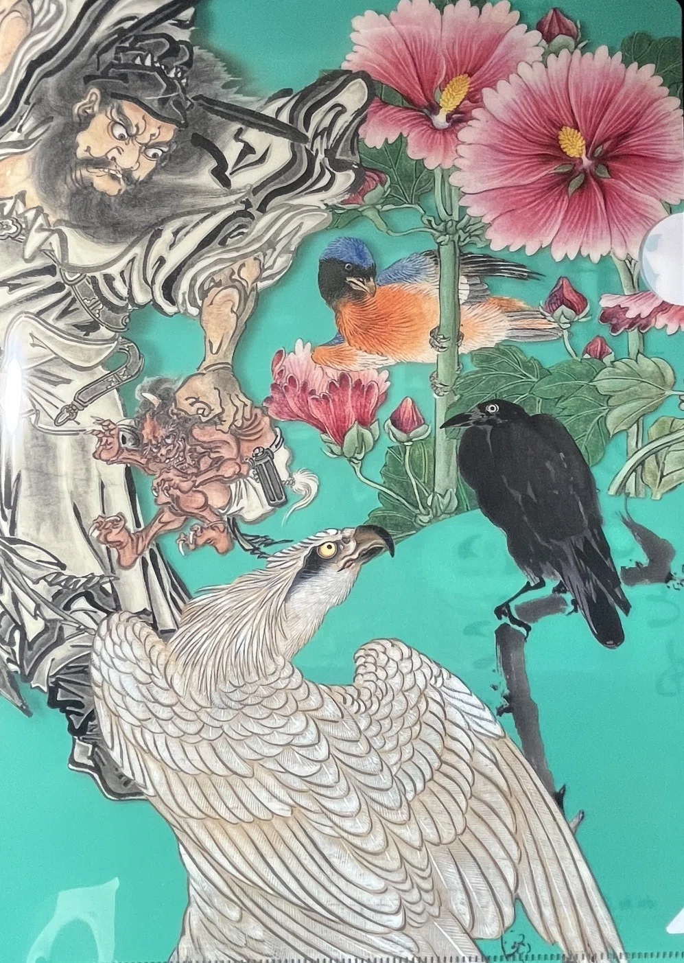 河鍋暁翠、【八重桜と鳥】、希少画集画より、状態良好、新品高級額装付 河鍋暁斎の多面性 おならの絵で思わず吹き出しそうになる！｜ごんちゃん
