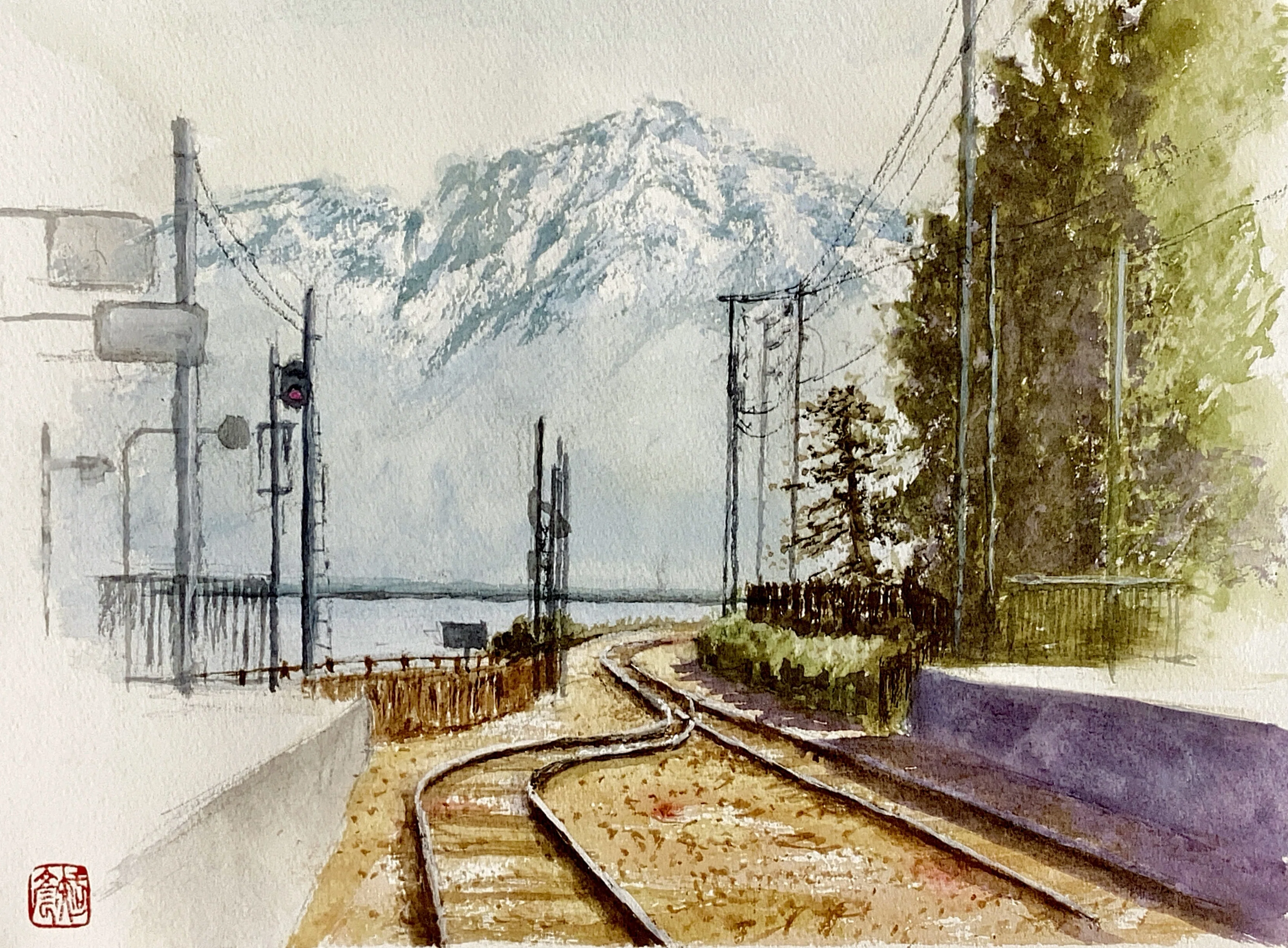 水彩画(サンダーソニア)　原画マットあり　おまとめ２点 水彩画177】旅の思い出：氷見線と立山連峰② ｜tatatotoya