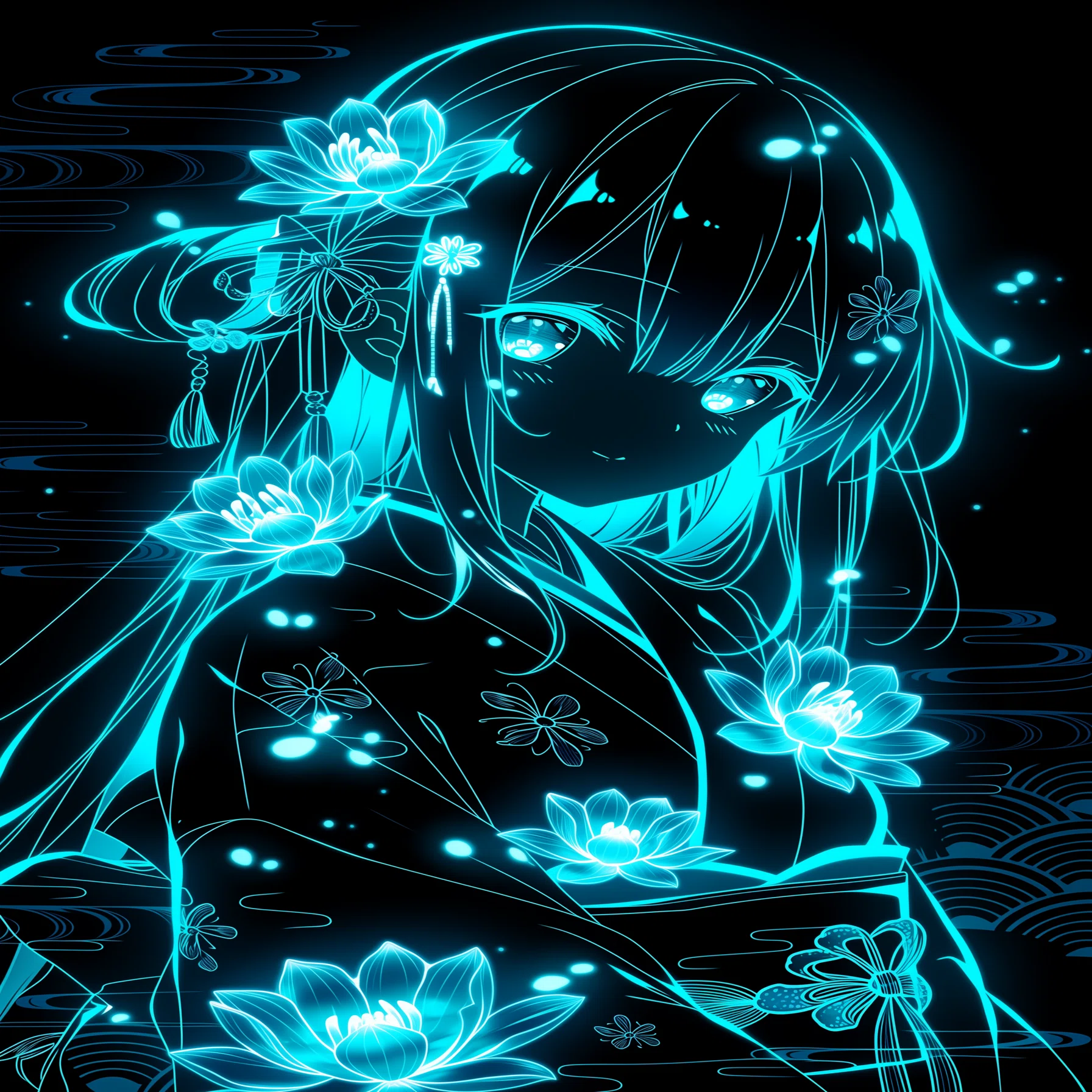 ネオンラインアートで静かに咲く乙女｜リンファの小さなAIイラスト