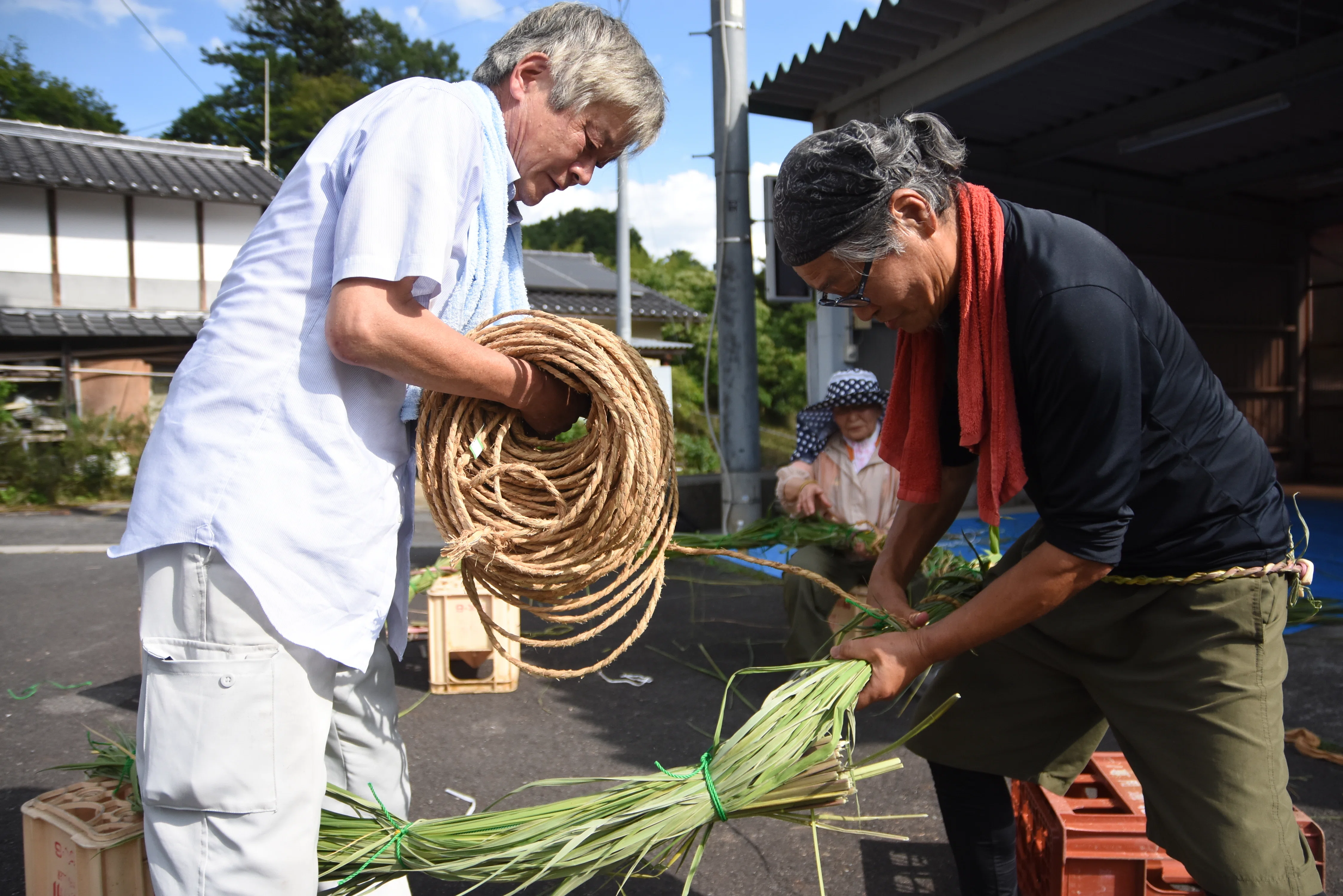 マコモ約500本で大きな茅の輪 津山・真菰セブン寿村が夏至祭を前に制作