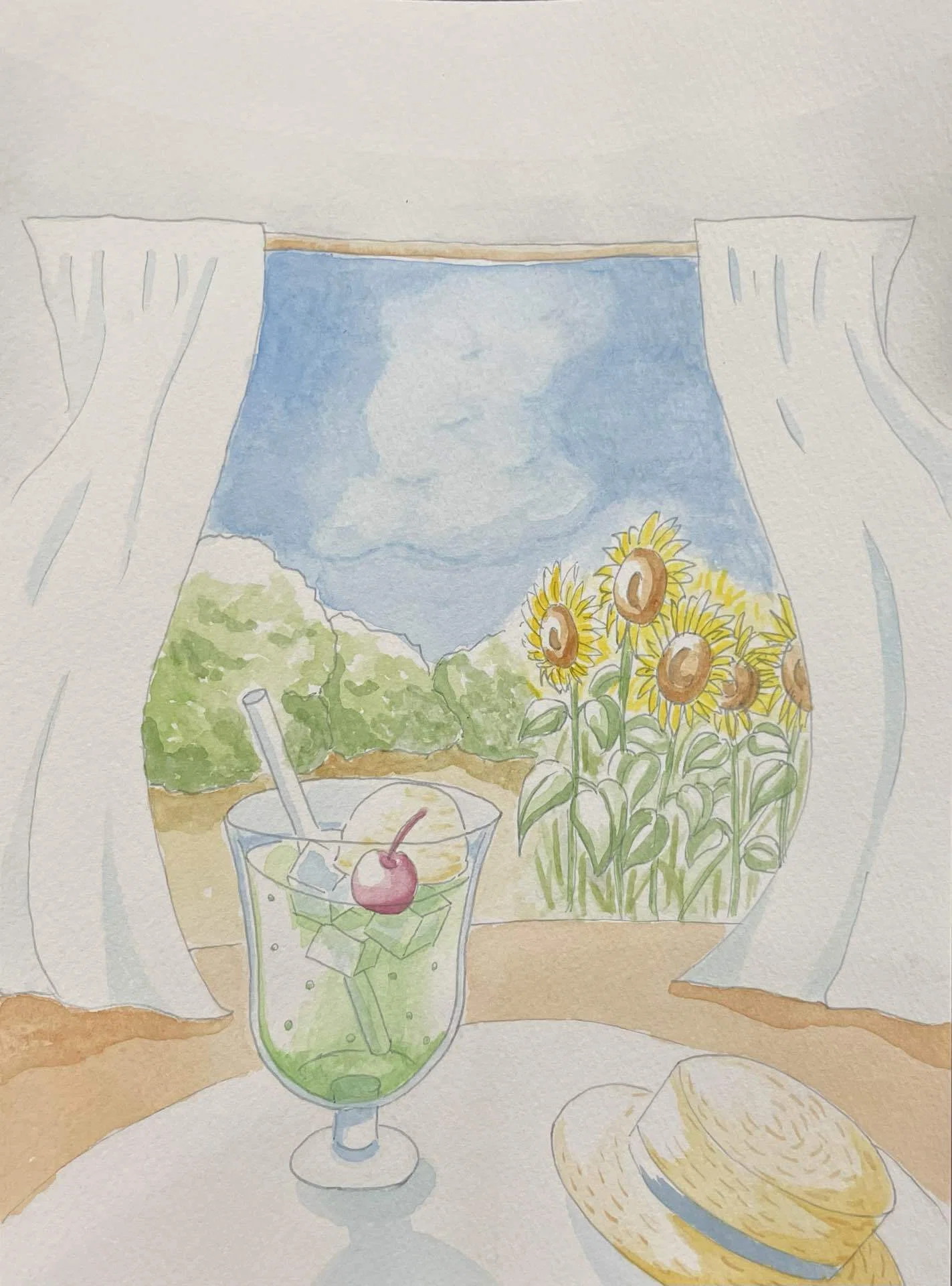 向日葵とクリームソーダ 夏休みの午後を描く|透明水彩｜ツキハル@水彩