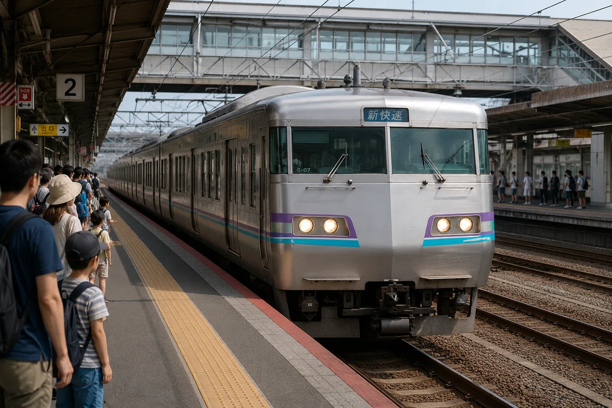 屋根付きの明るい駅のホームに入線する銀色の通勤列車。車両の前面はわずかに傾斜していて運転台が高く、紫と水色の帯が水平に入っており、上部の表示器には「新快速」と書かれている。ホームの黄色い点字ブロックの後ろでは、家族連れなど数人の乗客が整列して列車の到着を待っており、日常的で落ち着いた昼間の風景が広がっている。