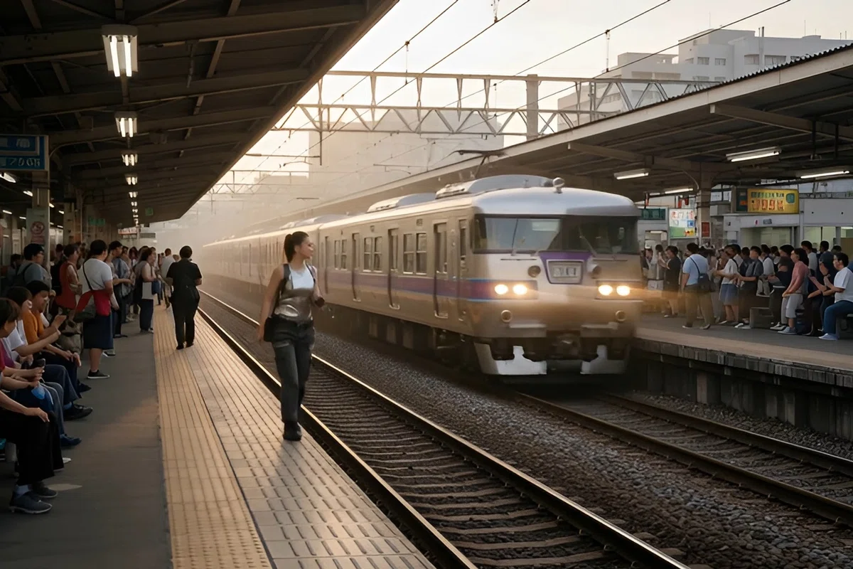 逆光が印象的な、屋外にある電車のプラットホームの風景。中央の線路には、前照灯を眩しく光らせたシルバーに紫のラインが入った117系新快速がこちらに向かって進んできている。左側のホームでは、ノースリーブのトップスにカーゴパンツ姿のポニーテールの女性が、黄色い点字ブロックの内側、線路に近い場所を画面奥に向かって歩いている。両側のホームには、電車を待つ多くの人々が佇んでおり、全体的にノスタルジックで活気のある駅の日常が描かれている。