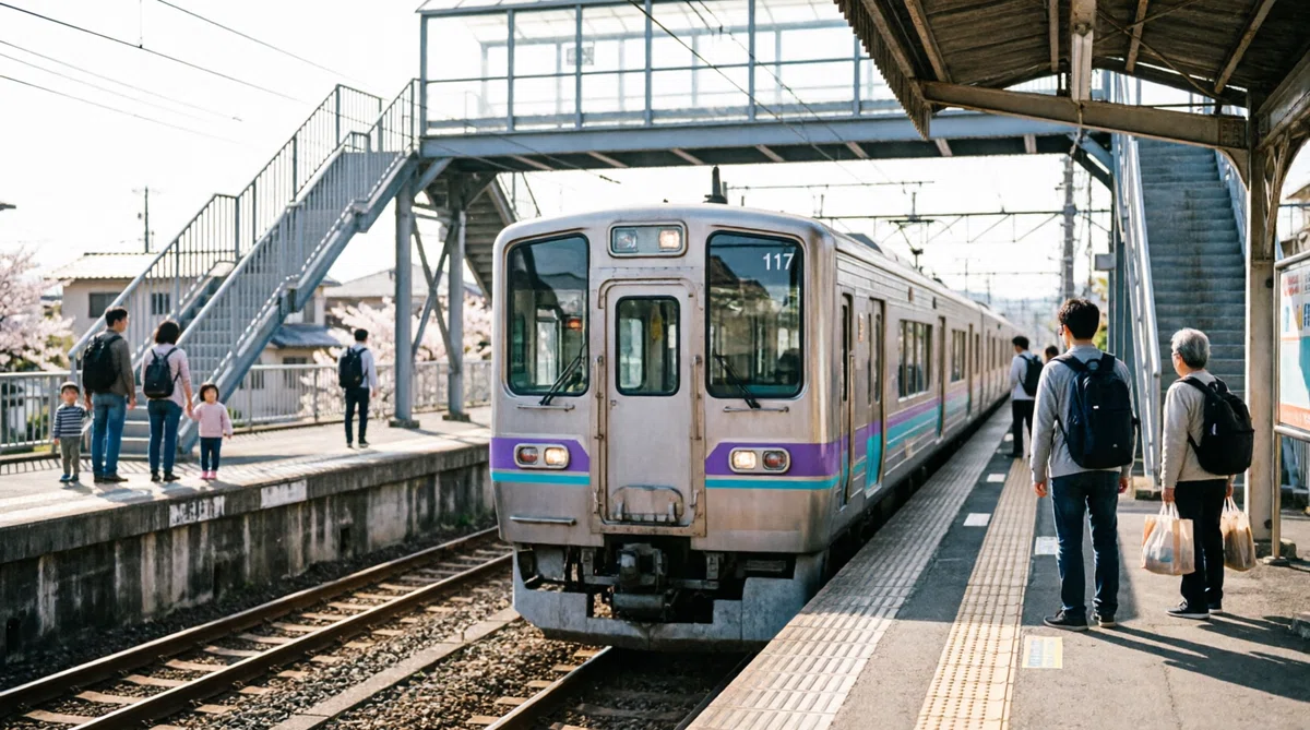 よく晴れた屋外の駅に停車している銀色の列車。車両の前面は平らで中央に貫通扉があり、紫と水色のラインが引かれている。上空には屋根付きの金属製跨線橋が架かり、遠くの背景には桜の花が咲いているのが見える。明るい陽光のもと、両側のホームで乗客が電車を待っている、のどかな春の日の情景。