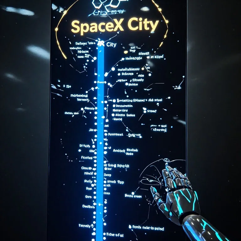 暗い背景に浮かび上がる縦型のデジタルサイネージ。画面上部には黄色い文字で「SpaceX City」と書かれ、中央には青い直線と無数の白い点、文字が並ぶ路線図や星座表のようなマップが映し出されている。画面の右下からは、金属的な質感と青い発光ラインを持つロボット（アンドロイド）の手が伸びており、タッチパネルを操作しているような構図。