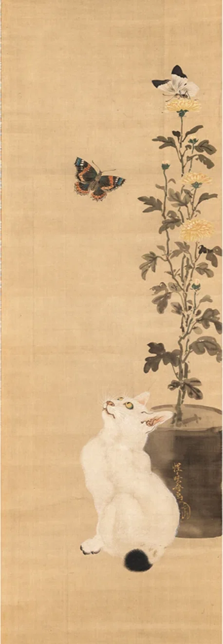 河鍋暁斎の世界」展出品作⑨暁斎《蝶と菊に猫》明治4-22年（1871-89年