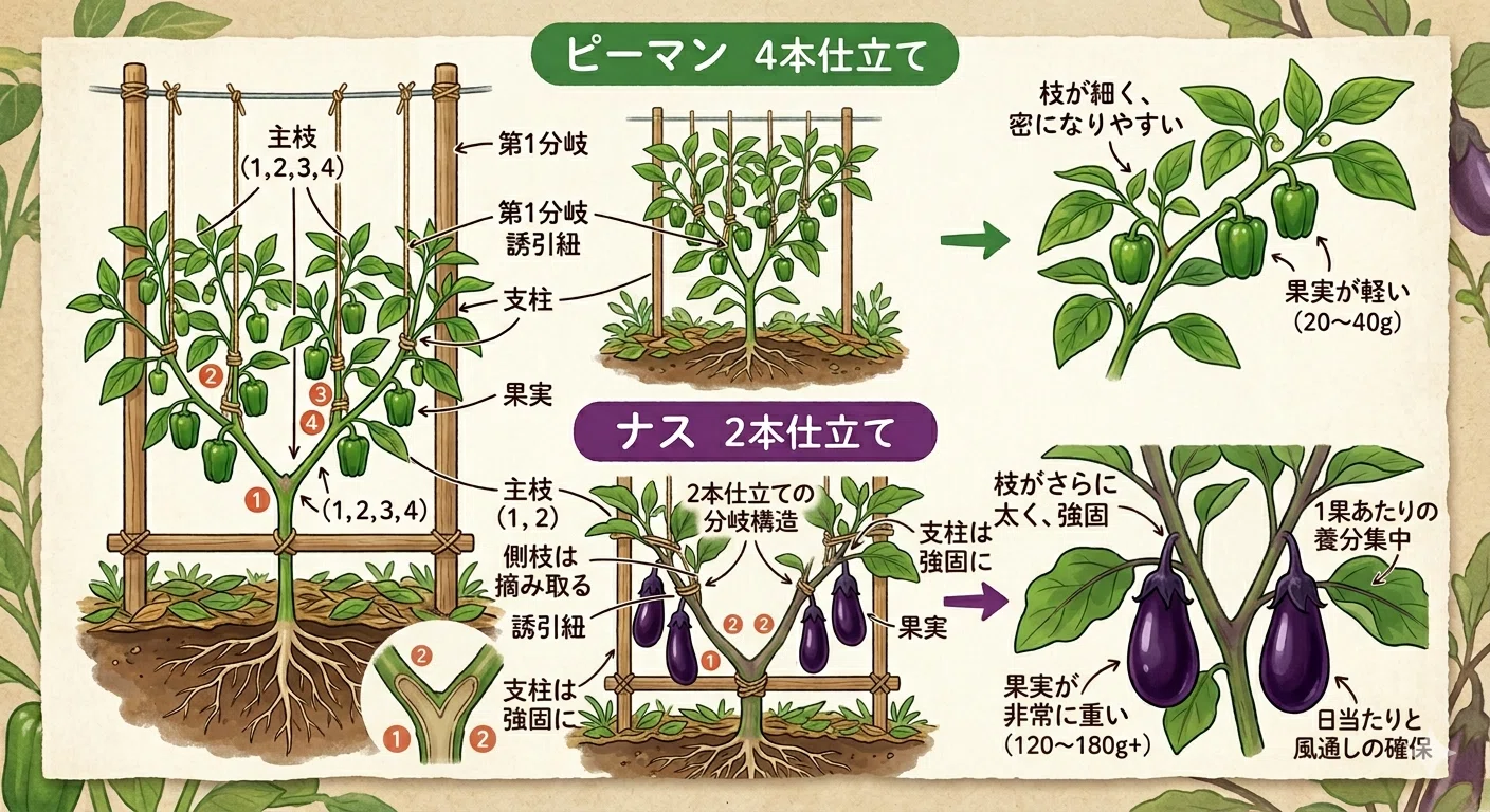 誘引紐　4本取り　pe　ナス　ピーマン 農業研修メモ】ピーマンの誘引作業。同じナス科なのに「ナスは2本