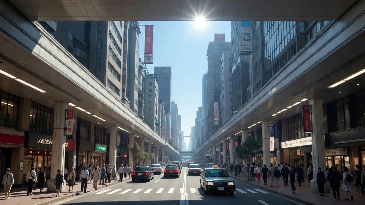 晴れた日の日本の都会の街並み。両側にアーケードのある歩道と高層ビルが並ぶ道路を、タクシーなどの車が行き交い、多くの人々が歩いている風景。