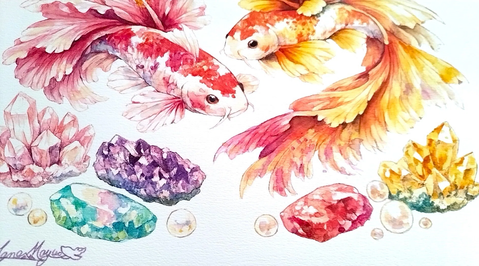 水中花と金魚•デンドロビウム　アクリル画　絵　絵画　呼吸 水中花と金魚•デンドロビウム アクリル画 絵 絵画 呼吸 金魚鉢と花