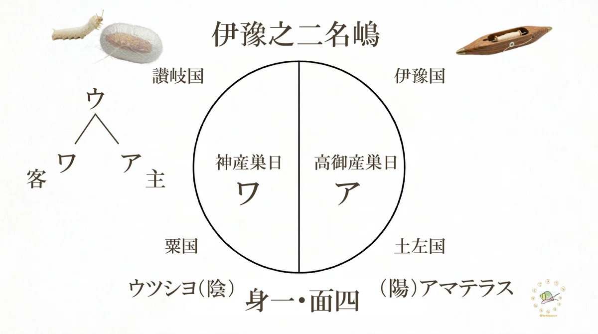 左右に二分割された円の周囲に、伊豫国、土左国、讃岐国、粟国の名と、蚕、杼のイラスト、および「身一・面四」「アマテラス」「ウツシヨ」などの文字が配置された伊豫之二名嶋の言霊数理図。