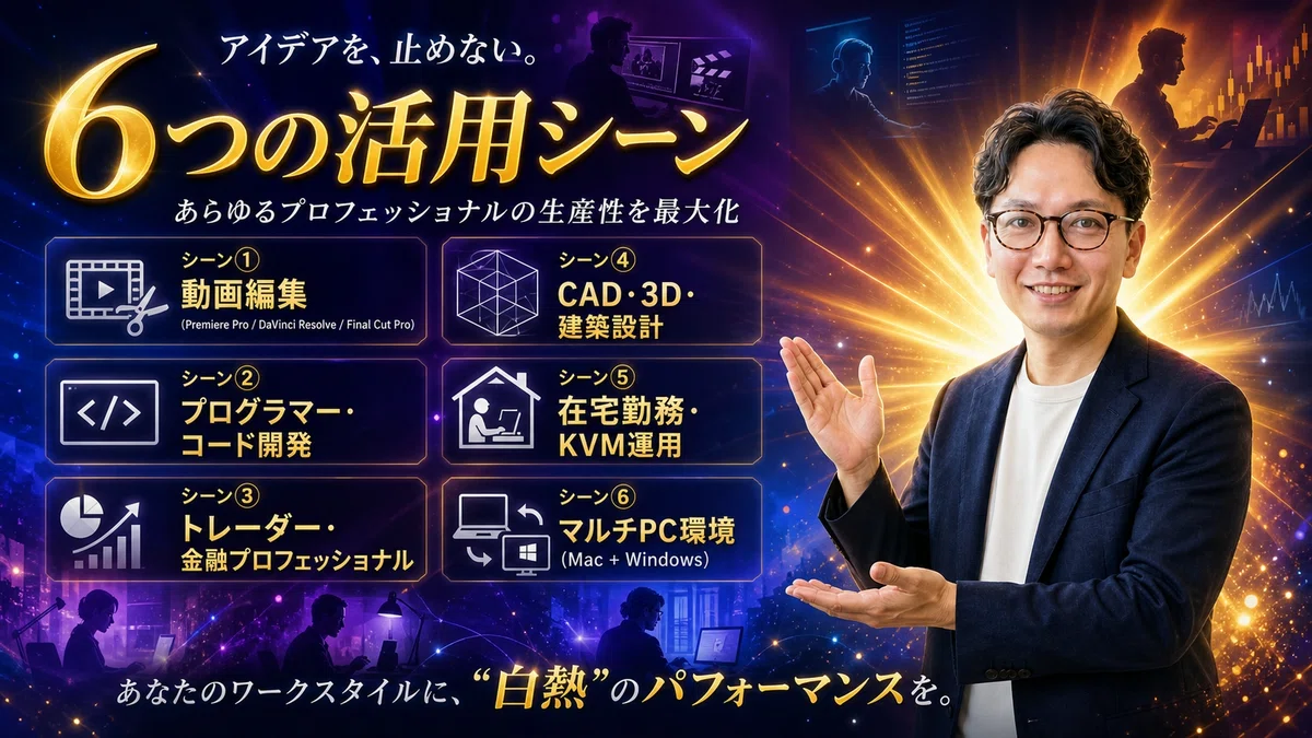 エスワン代表OMASAが、DELL U4025QWの動画編集、プログラミング、金融、CAD、在宅勤務など6つの最適な使用シーンを紹介している様子