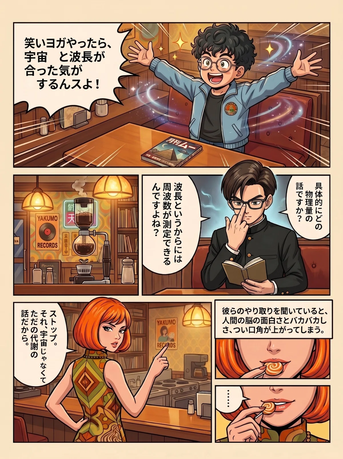 「笑いヨガやったら宇宙と波長が合った気がするんスよ」と両手を広げるオバチャン。有栖川くんが「具体的にどの物理量の話ですか」と詰め寄り、五十鈴が「それ、宇宙じゃなくてただの代謝の話」とツッコミを入れる場面