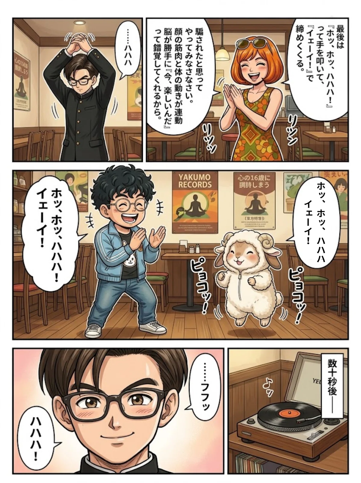 有栖川くんとオバチャン、羊の着ぐるみのはしぞうが一緒に昆布笑いを実践し、最後に手を叩いて「イェーイ」で締めるコマ。笑い終えた後、静かに微笑む有栖川くん