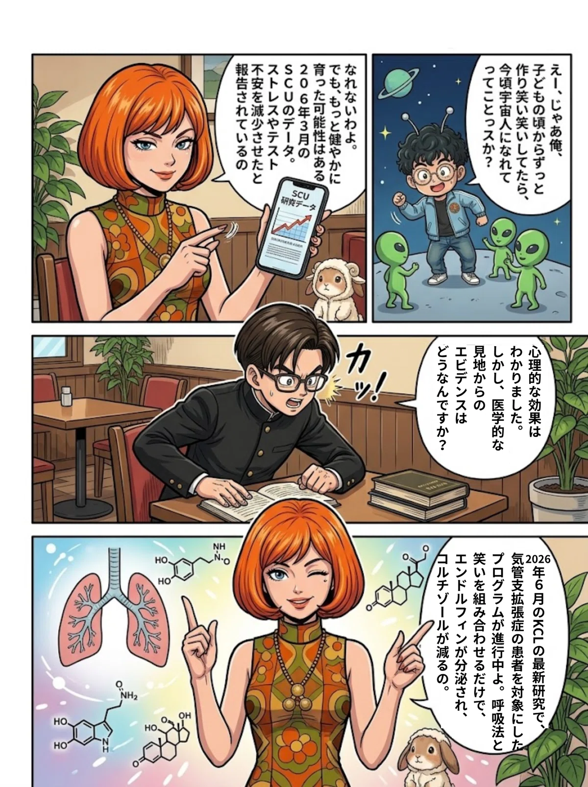 五十鈴がスマホでSCUの子ども向け笑いヨガ研究データを見せる場面、オバチャンが宇宙人と踊る想像をする場面、有栖川くんが医学的エビデンスを尋ねる場面、肺と分子構造を背景にKCLの最新研究を説明する五十鈴