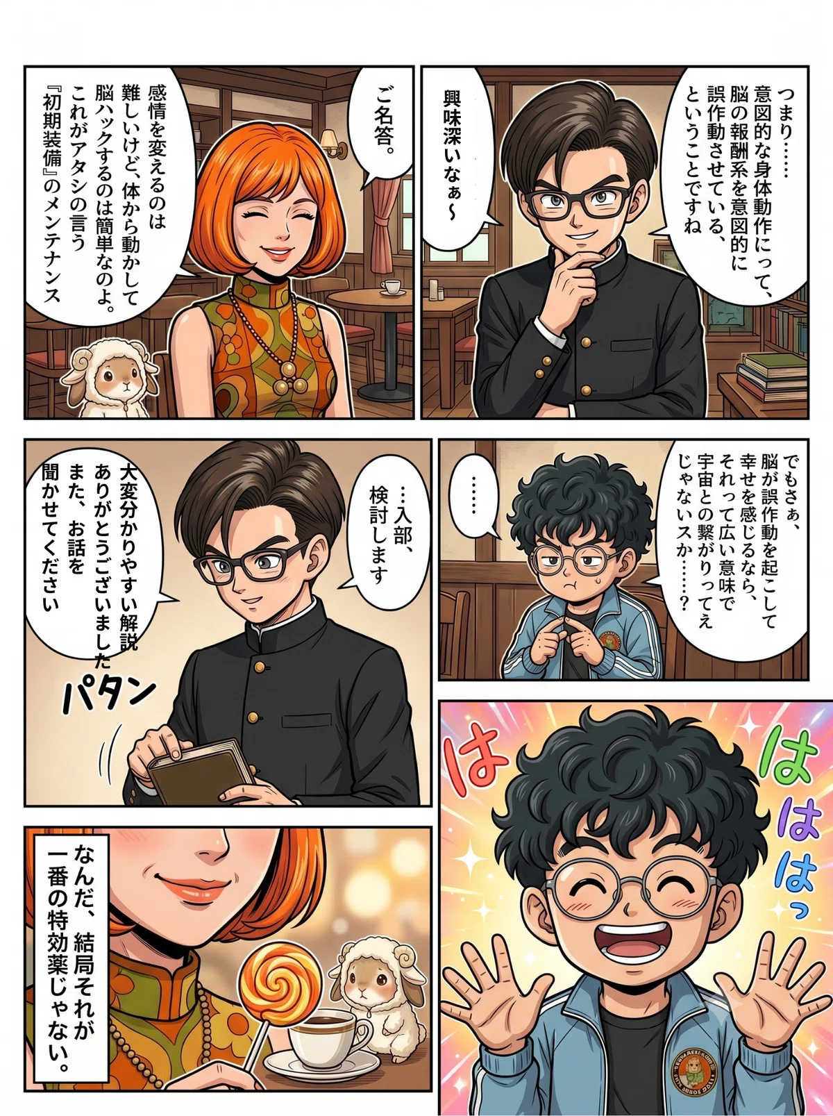 「脳をハックするのは簡単なのよ」と語る五十鈴と納得する有栖川くん。オバチャンが「宇宙との繋がり」を再度持ち出し、有栖川くんが「入部、検討します」と答える場面
