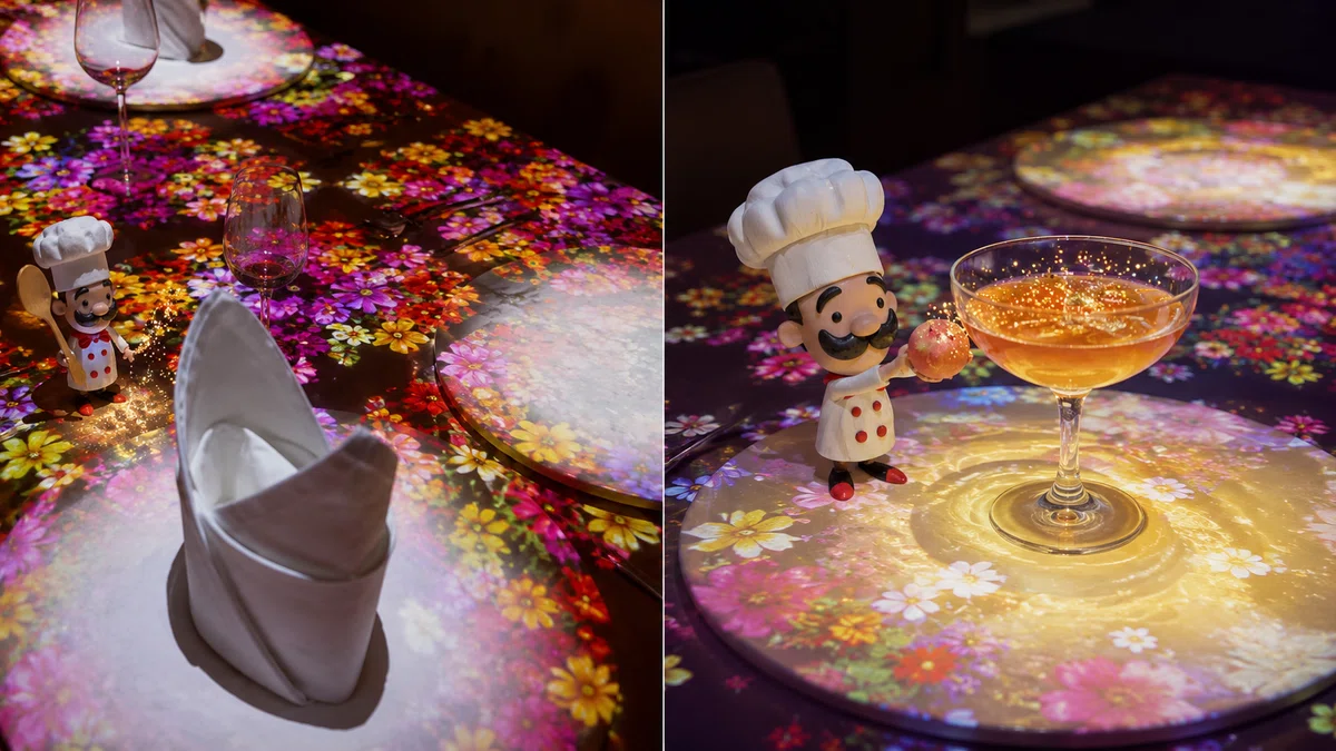 渋谷Whitely小人シェフのテーブルプロジェクションマッピング事例｜料理と3DCGキャラクターが共演