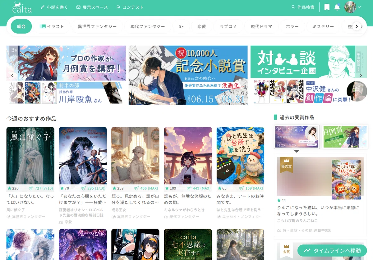 Webページのスクリーンショット。上部に緑色のヘッダーがあり、左端に「caita」のロゴ、右側に「小説を書く」「展示スペース」「コンテスト」「作品検索」のメニュー、ブックマーク、通知ベル、丸いプロフィール画像のアイコンが並んでいる。ヘッダー下には横並びのカテゴリボタンがあり、「総合」が緑色で選択状態になっている。ほかに「イラスト」「異世界ファンタジー」「現代ファンタジー」「SF」「恋愛」「ラブコメ」「現代ドラマ」「ホラー」「ミステリー」などのカテゴリが表示されている。中央上部には横長のバナーが3枚並び、左から「プロの作家が月例賞を講評!」「祝 10,000人 記念小説賞」「対談 インタビュー企画」と書かれている。メイン領域には「今週のおすすめ作品」という見出しの下に、複数の作品カードがグリッド状に並んでいる。各カードにはイラストのサムネイル、星アイコンや数値、タイトル、ジャンル名が表示されている。右側のサイドバーには「過去の受賞作品」という見出しがあり、受賞作品のバナーと作品カードが縦に配置されている。下部右側には緑色の「タイムラインへ移動」ボタンが表示されている。