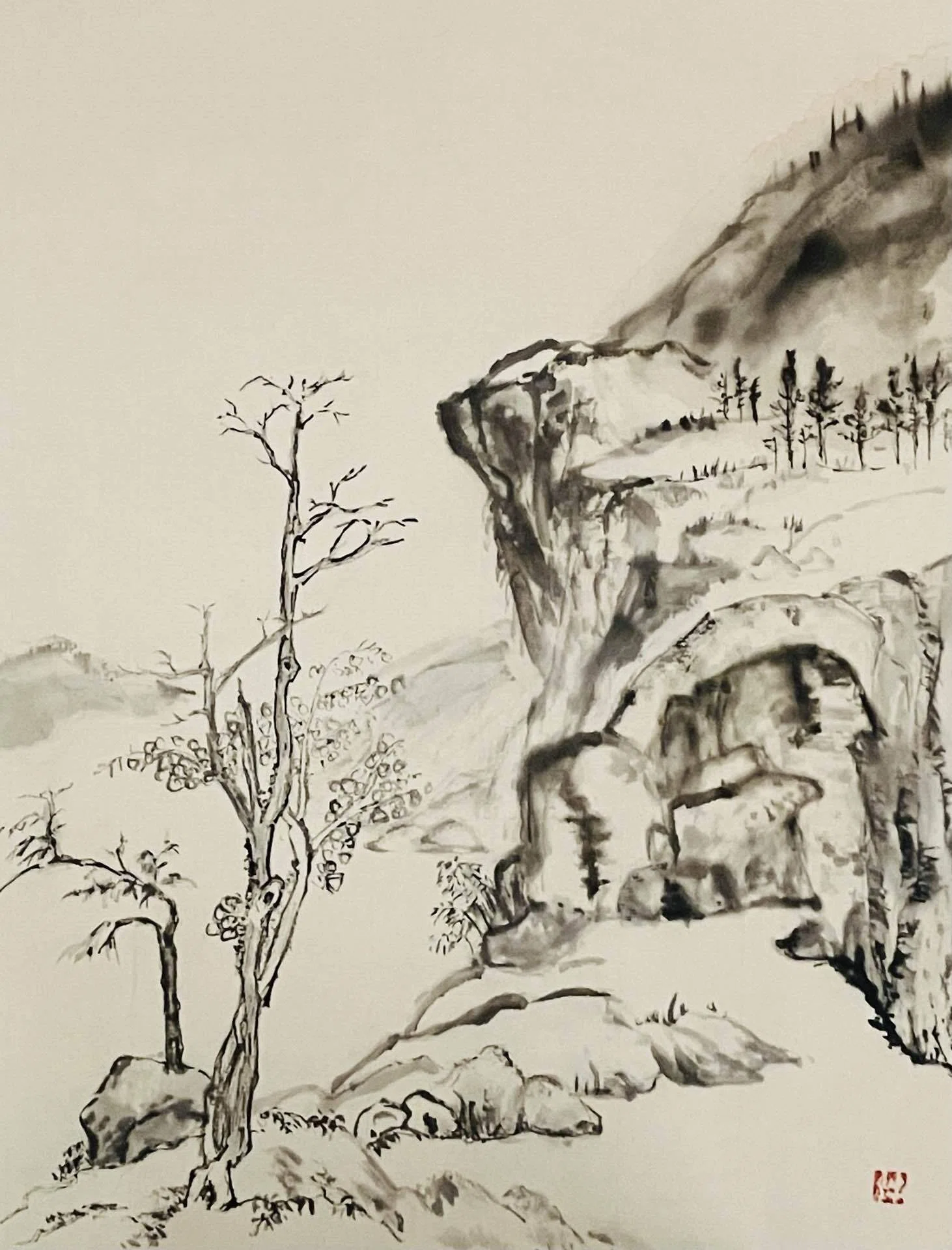 真作/水島裕/清流図/山水図/渓流図/横物/岩絵具/名家伝来AE-282 山水図 と編み物中。｜西川明美