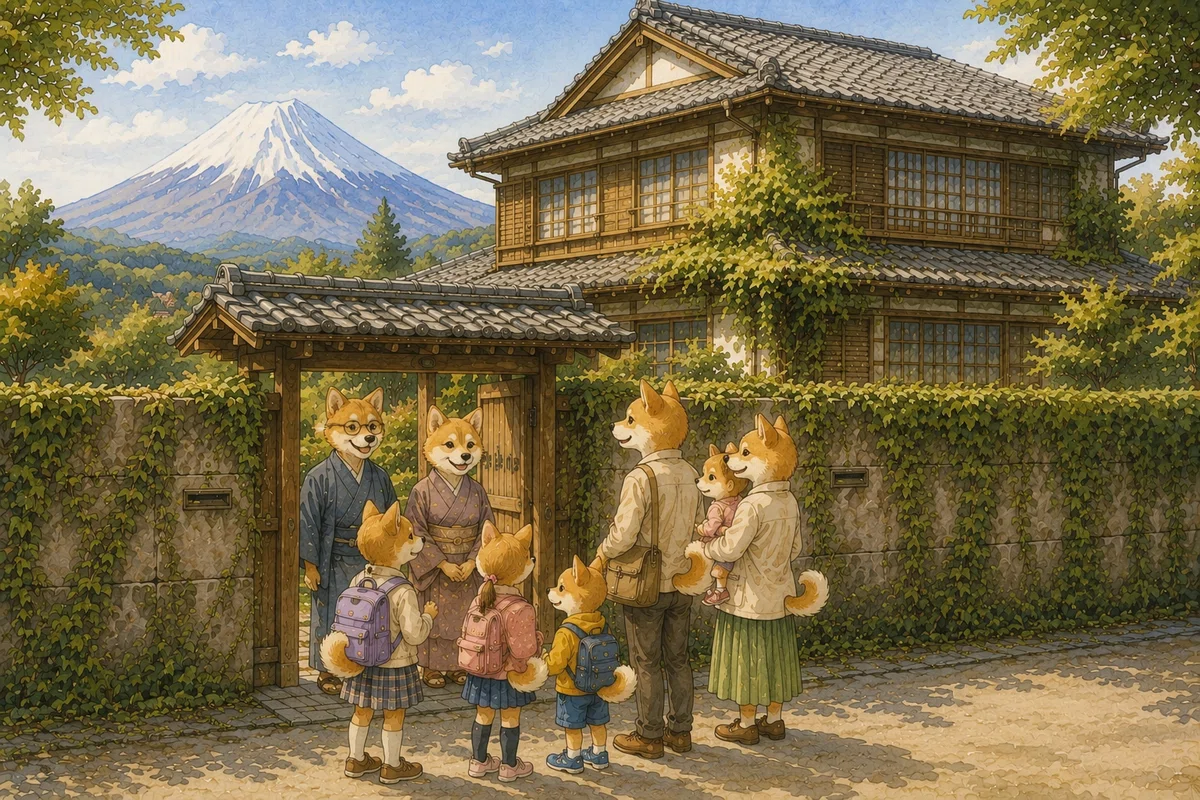 ツタのからまる塀に囲まれた祖父母の家に遊びにきた赤柴一家の画像