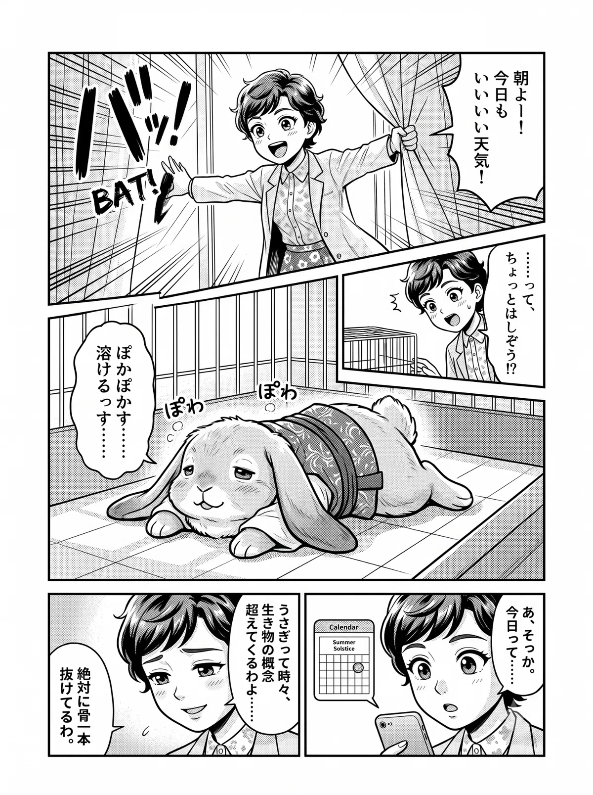 カーテンを開けて朝の挨拶をする女性と、日向で伸びきって脱力しているホーランドロップうさぎの漫画。スマホのカレンダーで「夏至」の文字を見つけて驚く女性のコマ。