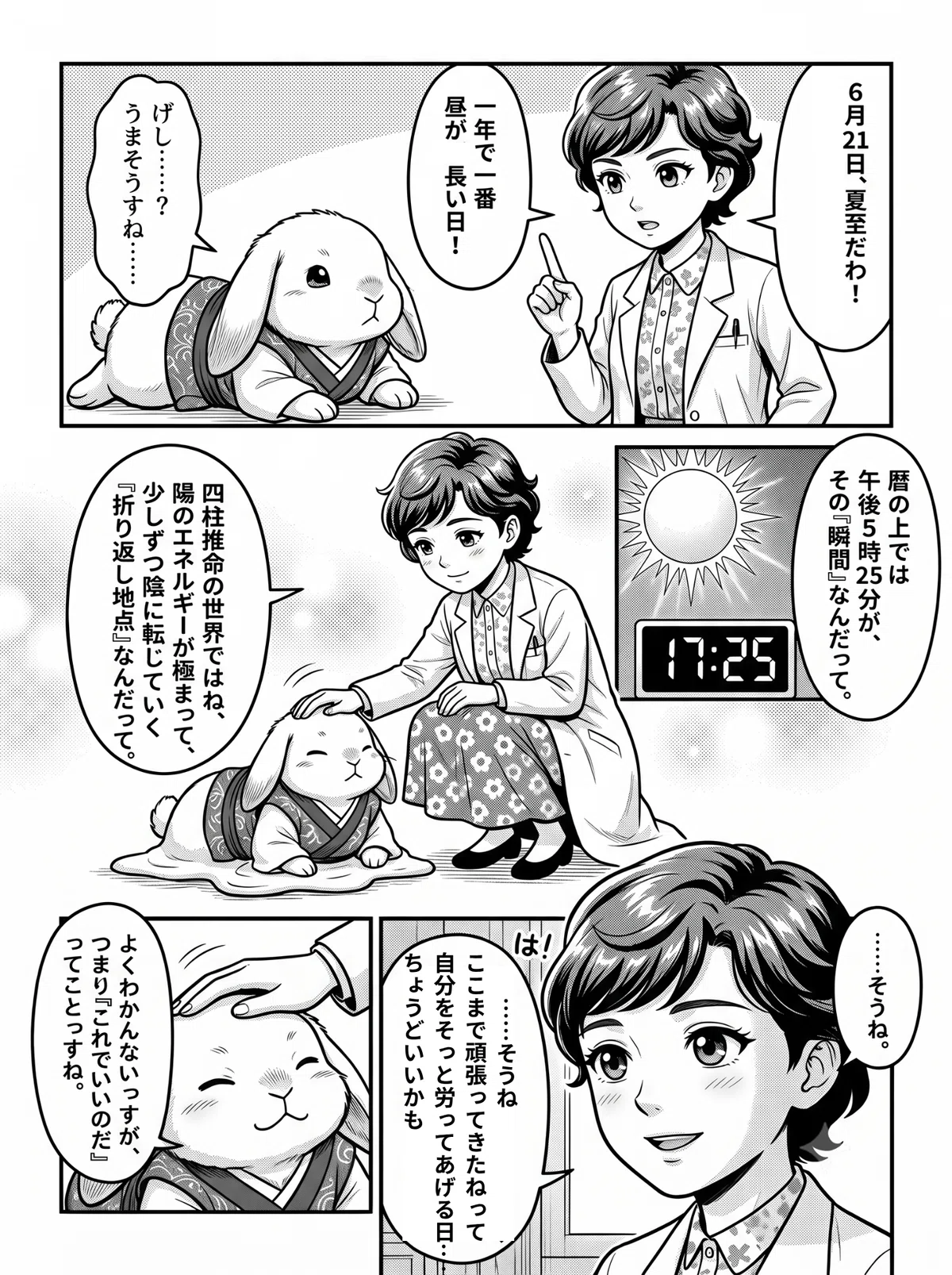「6月21日、夏至だわ」と話す女性と、寝そべる着物姿のうさぎの漫画。時計が17時25分を示すイラストとともに、四柱推命における陰陽の考え方を女性が説明し、自分を労ってあげる日かもと気づく場面。