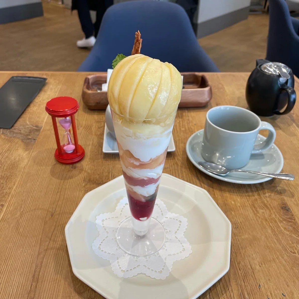 白桃のパフェ と ホットティー - キハチカフェ 日比谷シャンテ店｜うくぺん