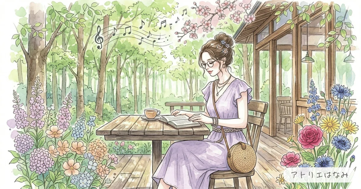 リンクウェアフリー素材・ブナ林に囲まれたカフェで読書