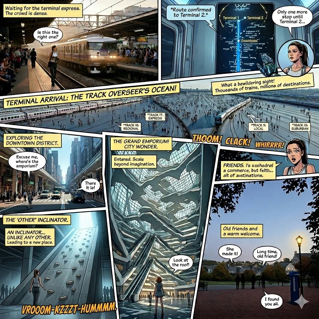 アメコミ風の多コマ漫画。女性キャラクターが電車に乗り、広大な駅のターミナル、高層ビルが立ち並ぶ未来的な都市、巨大な吹き抜けのあるショッピングモール、不思議な傾斜型エレベーターを巡り、最終的に夜の公園で友人たちと再会するまでの旅の様子を描いた全7コマのストーリー。