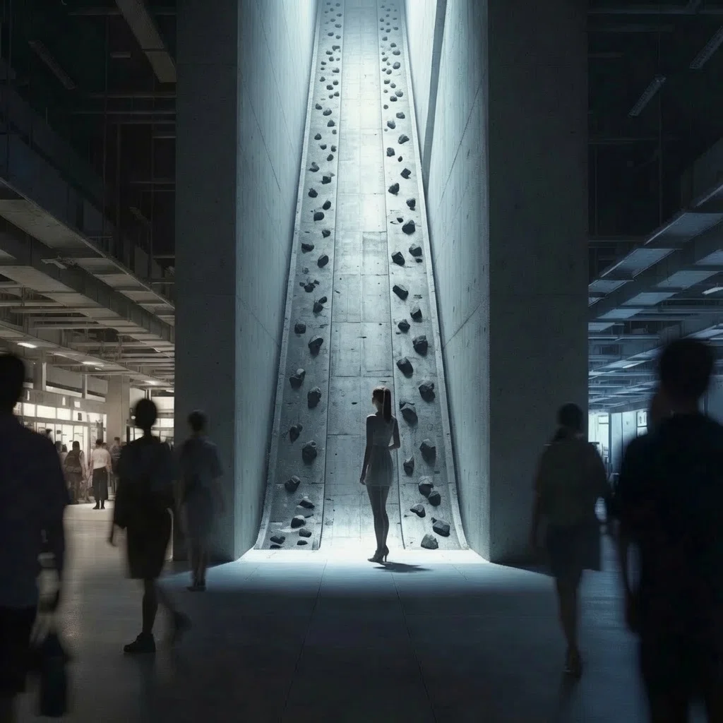 ブルータリズム建築を思わせる無機質なコンクリートの空間。中央の狭い隙間に設置された2基の長いコンベイヤーベルトには石のような突起がランダムに配置されている。その間に降り注ぐ光の中に立つ女性。手前と左右にはブレた人々の影が配置され、未来的かつSF的な孤独感を醸し出す構図。