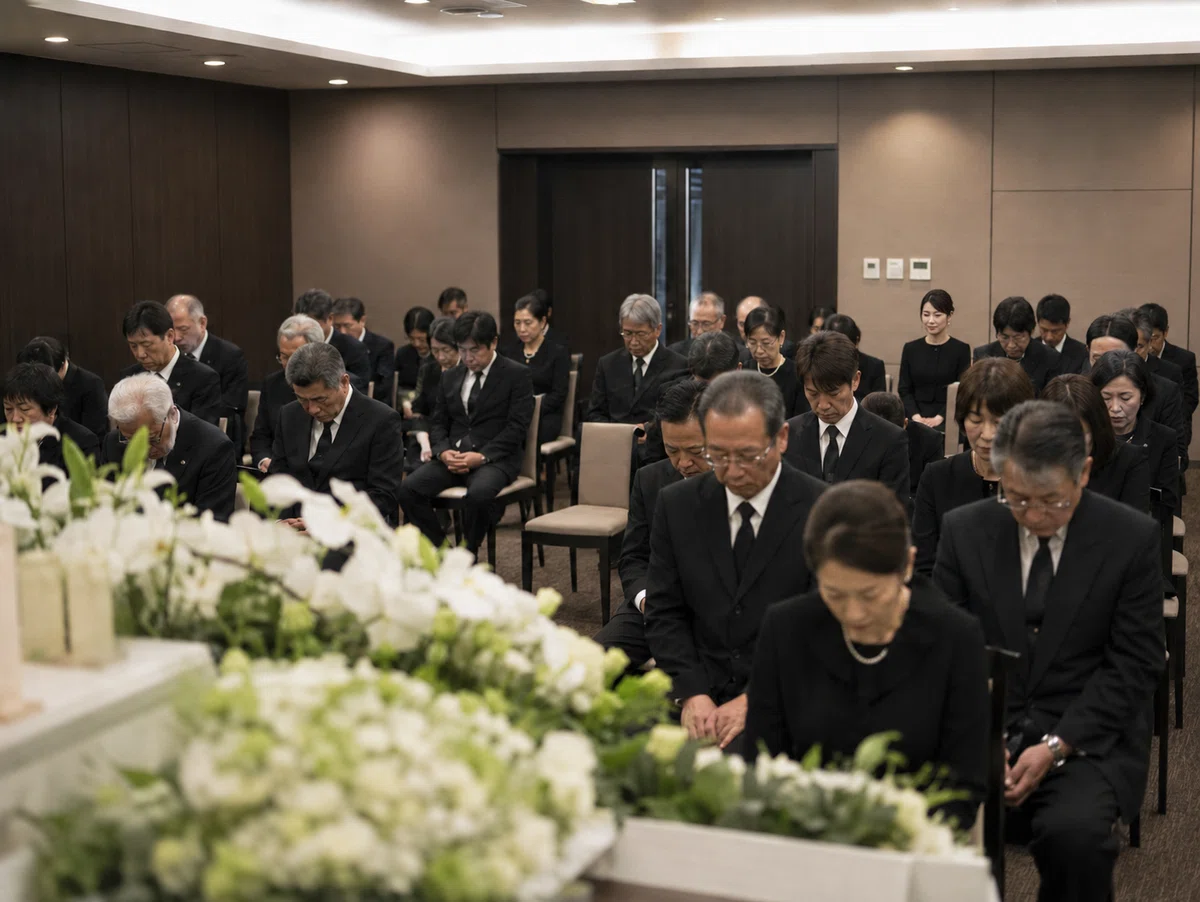 葬儀会館の式場を祭壇側から撮影した記録写真。手前に白い供花があり、その奥に黒い喪服の参列者が着席している。最後列付近に、黒い喪服を着た若い女性が座っている。女性は髪をきちんとまとめ、周囲の参列者と同じように静かに座っているが、他の参列者より顔立ちが明瞭で、姿勢も整って見える。式場全景を記録するために撮影された資料写真のように見える。