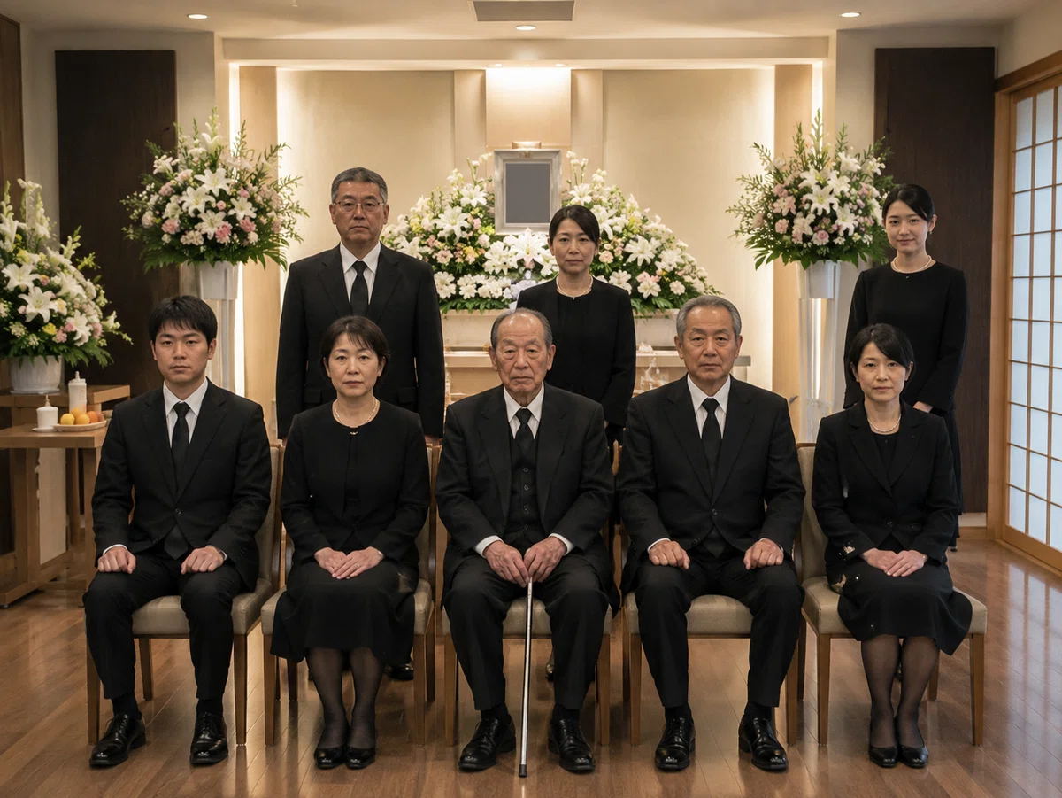 葬儀後に斎場内で撮影された少人数の家族写真。祭壇と白い供花の前で、黒い喪服の親族が前列に座り、後列に数人が立っている。最後列の右端に、黒い喪服を着た若い女性が立っている。女性は髪をまとめ、ごく薄い微笑を浮かべており、他の親族よりも若く見える。写真全体は家族葬の記念写真または親族写真のように見える。