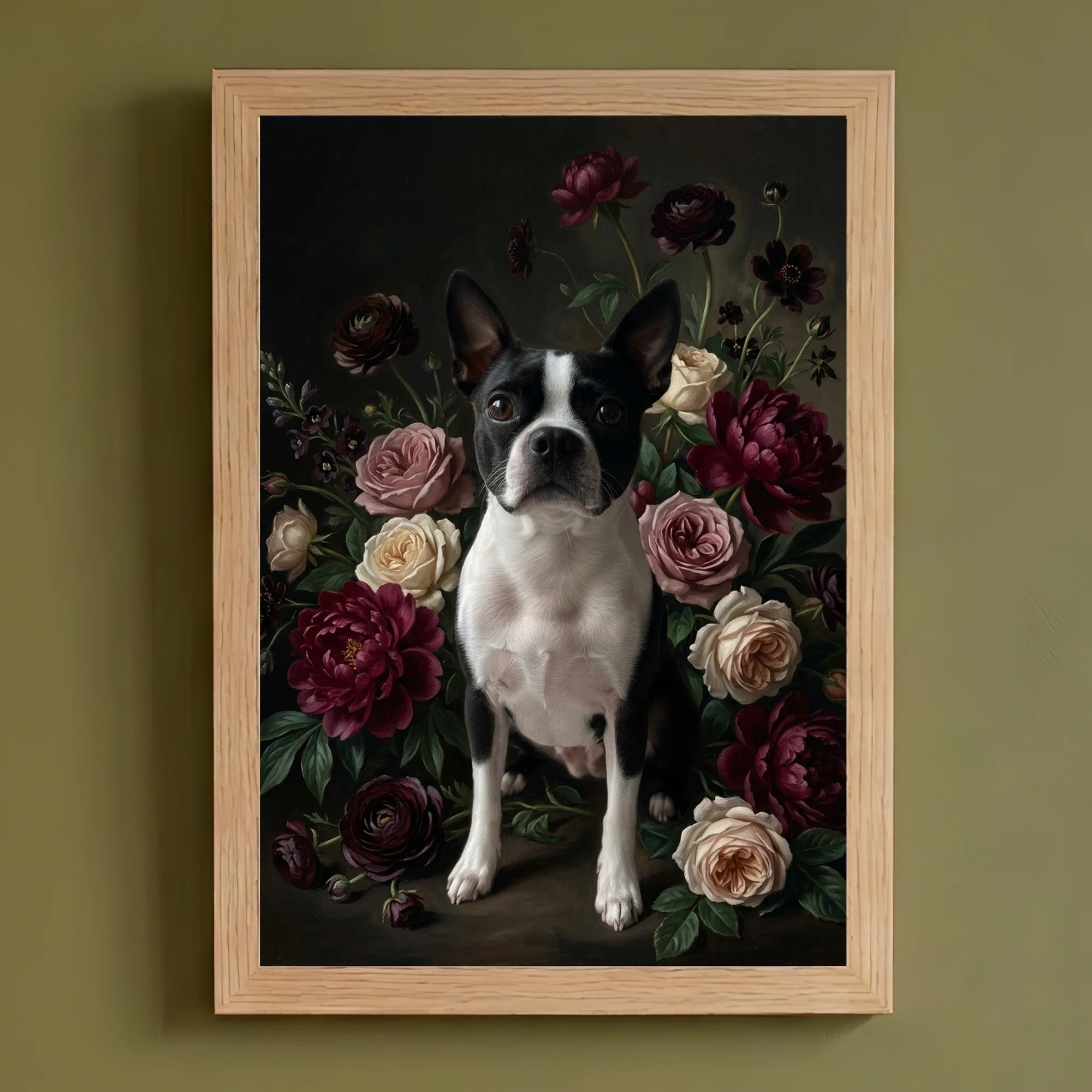 ボストンテリアの花の油絵風アート額装プリントができました！｜うちの