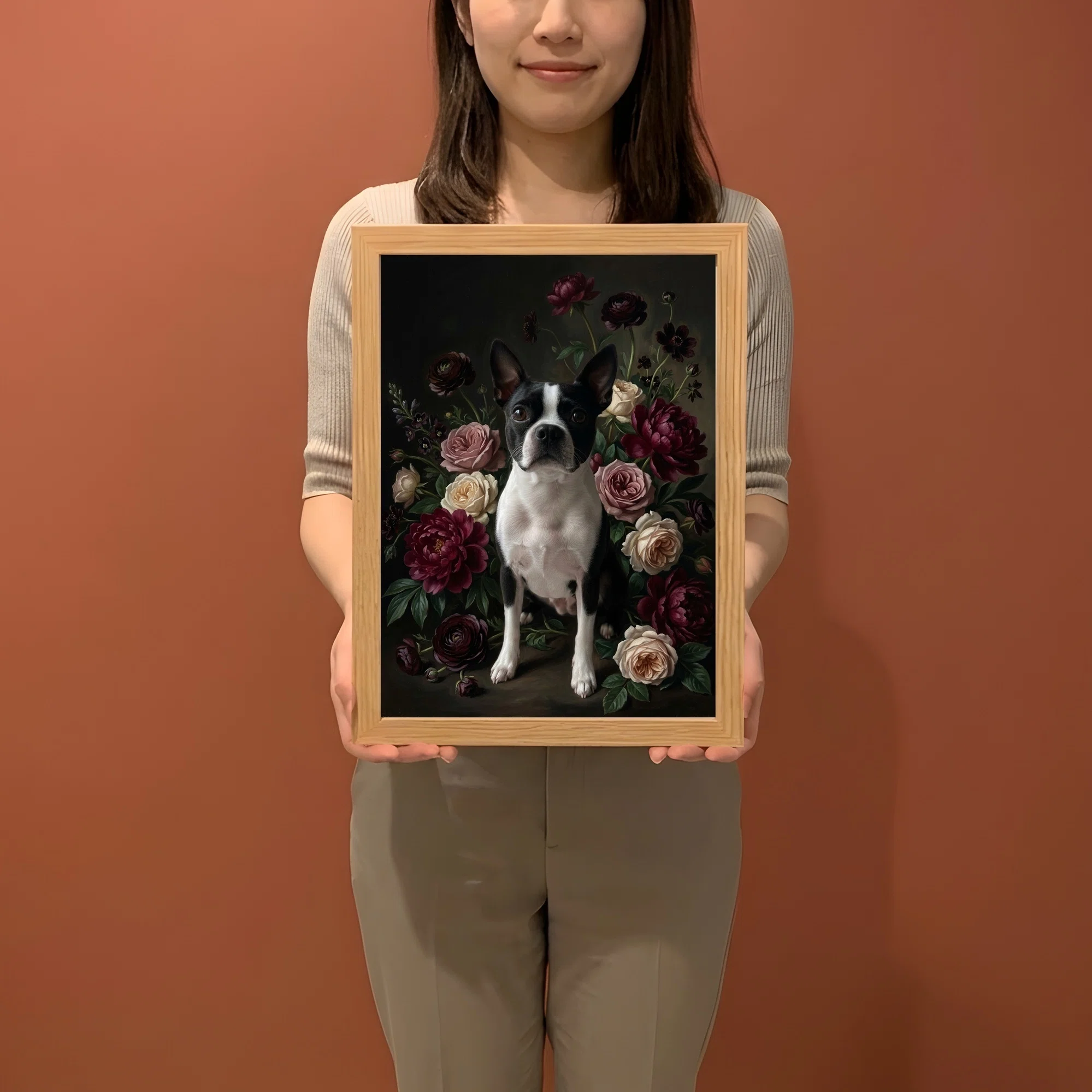 ボストンテリアの花の油絵風アート額装プリントができました！｜うちの