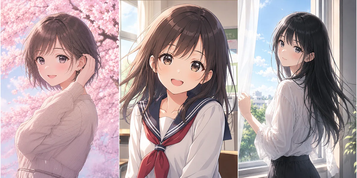 3枚のアニメ調イラストを横に並べた画像。左のイラストには、淡いピンク色の花が咲く木を背景に、短い茶色の髪の人物が描かれている。人物は淡いピンク色の長袖トップスを着ており、片手を耳の近くに添えて、体を横向きにした状態で顔をこちらに向けている。中央のイラストには、教室内を背景に、茶色の髪の人物が描かれている。人物は白地に紺色の襟と赤いスカーフのセーラー服を着ており、上半身を正面に向けている。右のイラストには、窓辺を背景に、黒い長い髪の人物が描かれている。人物は白いブラウスと黒いスカートを着ており、片手で白いカーテンを持ちながら、体を窓側に向けて顔をこちらに向けている。3枚のイラストの間には白い縦線が入っている。