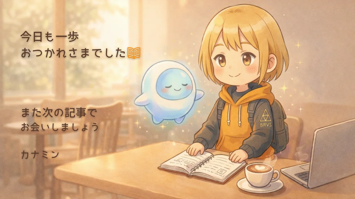 カフェでノートを開くカナミンとAIキャラクター「ナノ」。
記事の最後に表示する挨拶カード。