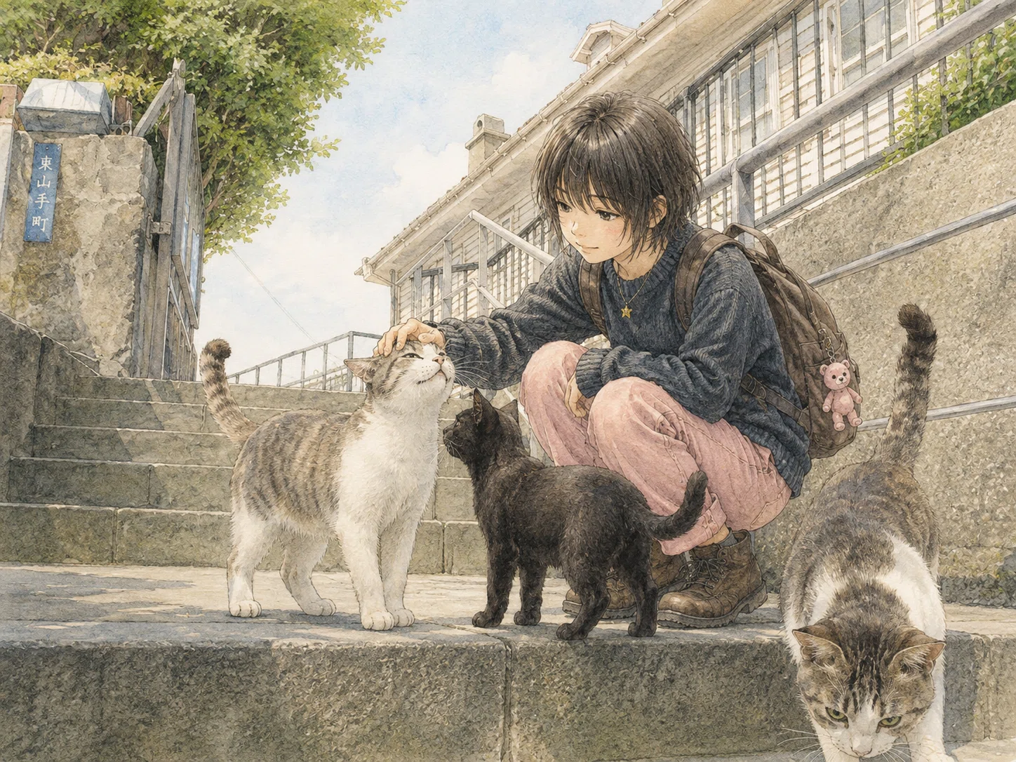 絵画。原画【かわいい猫が追随者の月と花の海を旅する】 凛と旅する 長崎を歩く ～ 街ネコを愛でる｜江島 達也／アトリエ