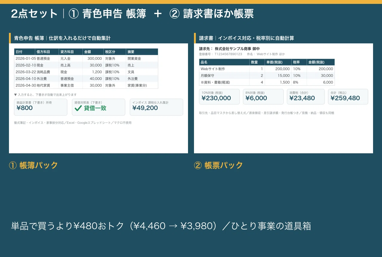 個人事業主バックオフィス・セット｜青色申告の帳簿＋請求書ほか帳票 